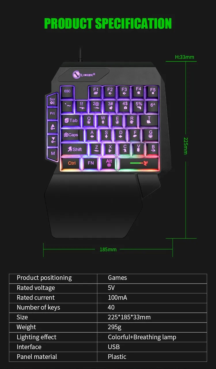 Mini teclado gaming de uma só mão com 35 teclas, USB, ultrafino, com fios e retroiluminado, para portátil, PC de secretária e smartphone