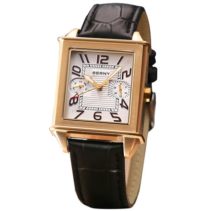 BERNY 6P25 Quartz Watch for Men Golden New Square Wristwatch Vintage Day Top Leather 3ATM Waterproof Luxury Watch Male