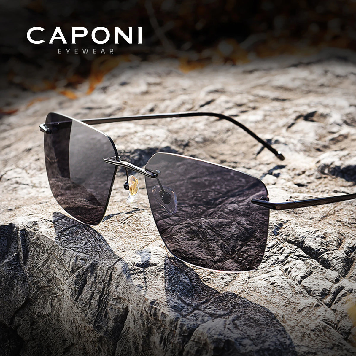 CAPONI Pure Titanium Photochromic Sunglasses Rimless Polarized Driving Men's Sun Glasses Ultra Light UV400 Brand Shades BS28923