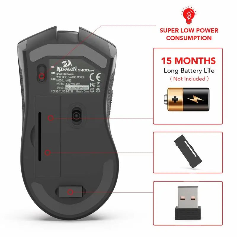Mouse wireless ottico Redragon M652 2.4G con ricevitore USB, mouse portatile per gaming e ufficio, 5 livelli DPI regolabili