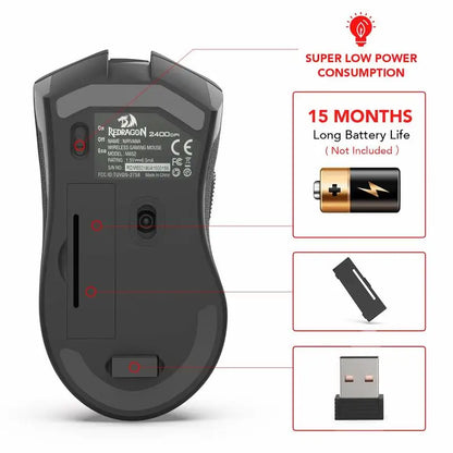 Mouse wireless ottico Redragon M652 2.4G con ricevitore USB, mouse portatile per gaming e ufficio, 5 livelli DPI regolabili