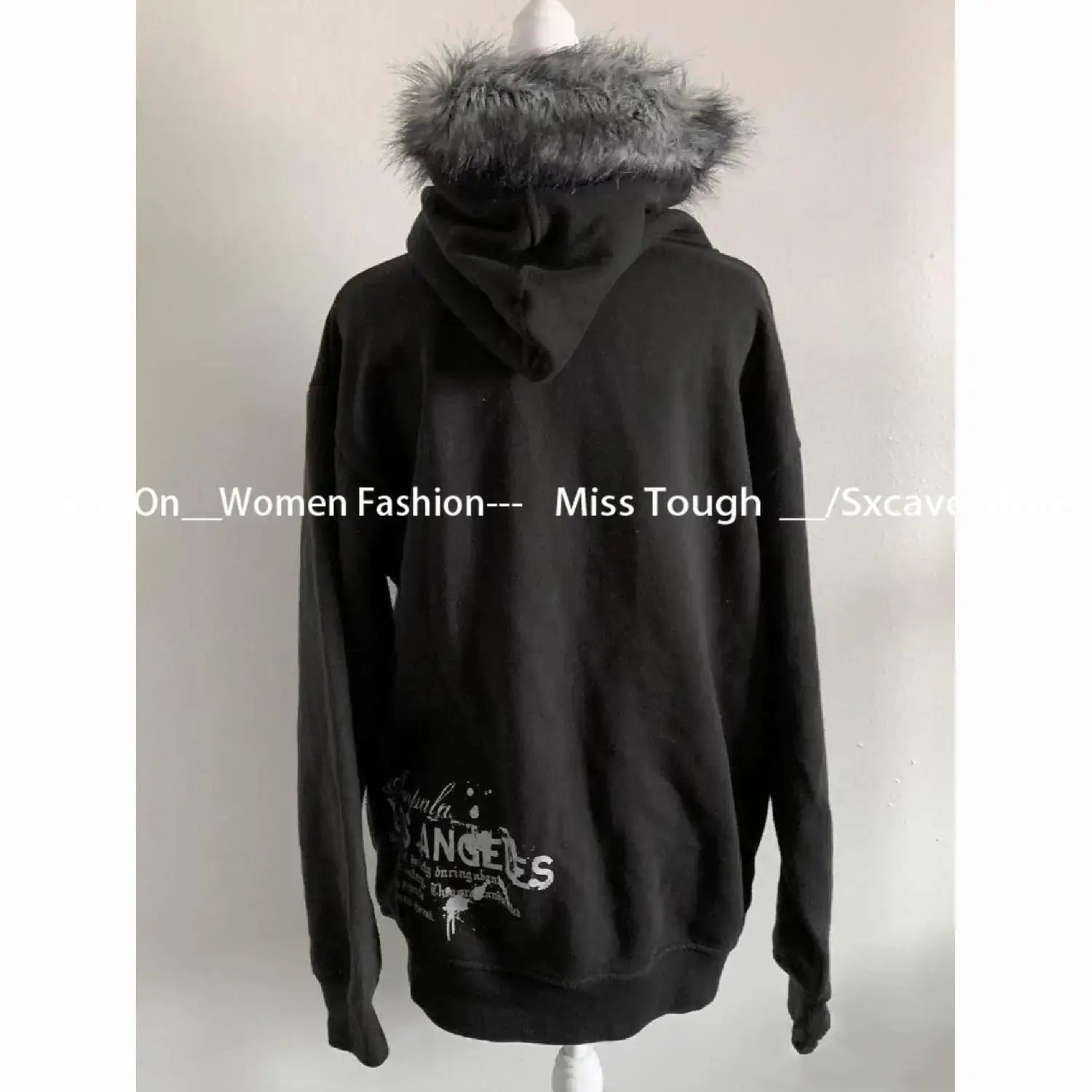 Produit gaming premium Fraquane, American Vintage Black Faux Fur Sweatshirts Women Letter Printed Subculture Coats with Hooded Female Gothic Harajuku Jackets Y2k, équipement gamer