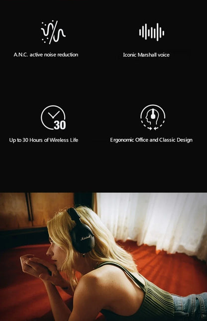 Auscultadores sem fios com cancelamento de ruído Marshall MONITOR II A.N.C. – Headset Bluetooth premium over-ear com graves profundos, microfone e áudio para gaming