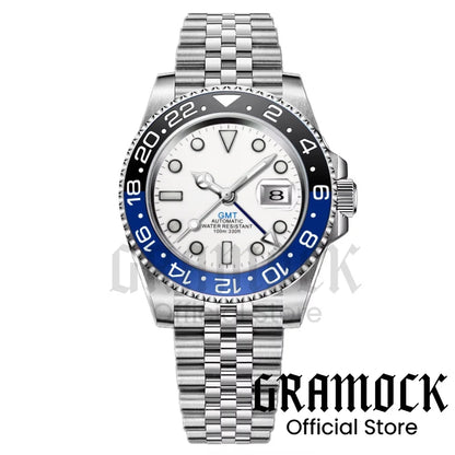 Gramock White Dial Blue GMT 40MM Watch For Men Roating Bezel Sapphire Glass Waterproof Reloj Hombre NH34A Mechanical Wristwatch