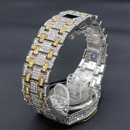 Gold Watches For Men Full Iced Diamond Men's Quartz Watch Luxury Fashion Calendar Wristwatch Dropshipping