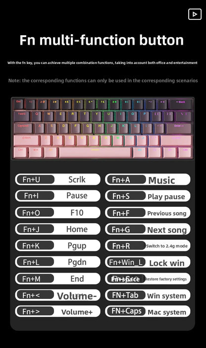 Wireless Gaming Mechanical Keyboard 60% RGB Bluetooth Keyboard, Triple Mode Wireless Mechanical Keyboard with 61 Keys, Compact RGB Gaming Keyboard for PC, Laptop & Tablet