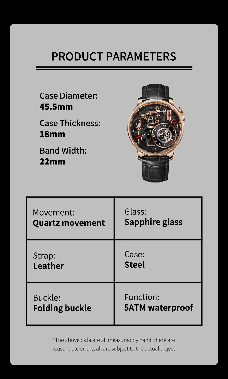 Orologio da uomo PINDU NEW TOP al quarzo con pulsante pompa olio, stile business, 45.5MM, vetro zaffiro, impermeabile, cinturino in pelle