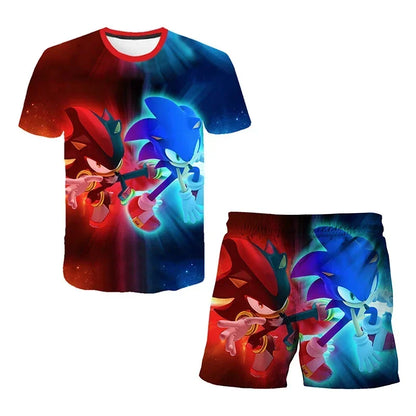 Fashion 3D Anime Children's T-shirt Set Sonic The Hedgehog Top Short Sleeve + Shorts Two-piece Set Girls Boys Cosplay Costume
