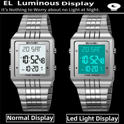 Skmei Luxury Digital Watches for Mens LED Waterproof Date Week Display Chronograph Fashion Dual Time Zones Bracelet Steel Watch