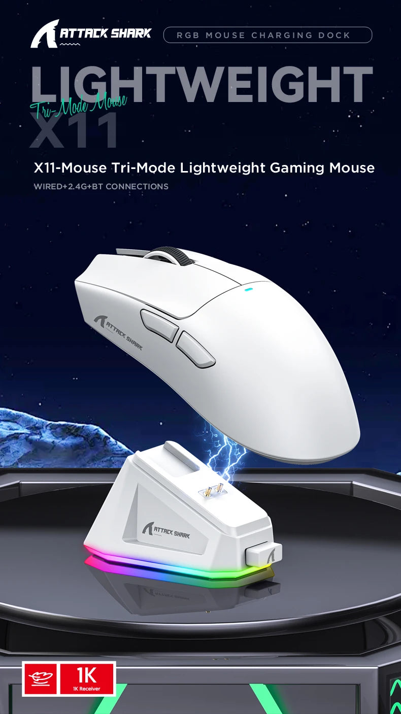ATTACK SHARK X11 trojrežimová ľahká herná myš s PAW3311,22000DPI,400IPS,40G,59g,magnetickým rýchlonabíjaním,RGB podsvietením