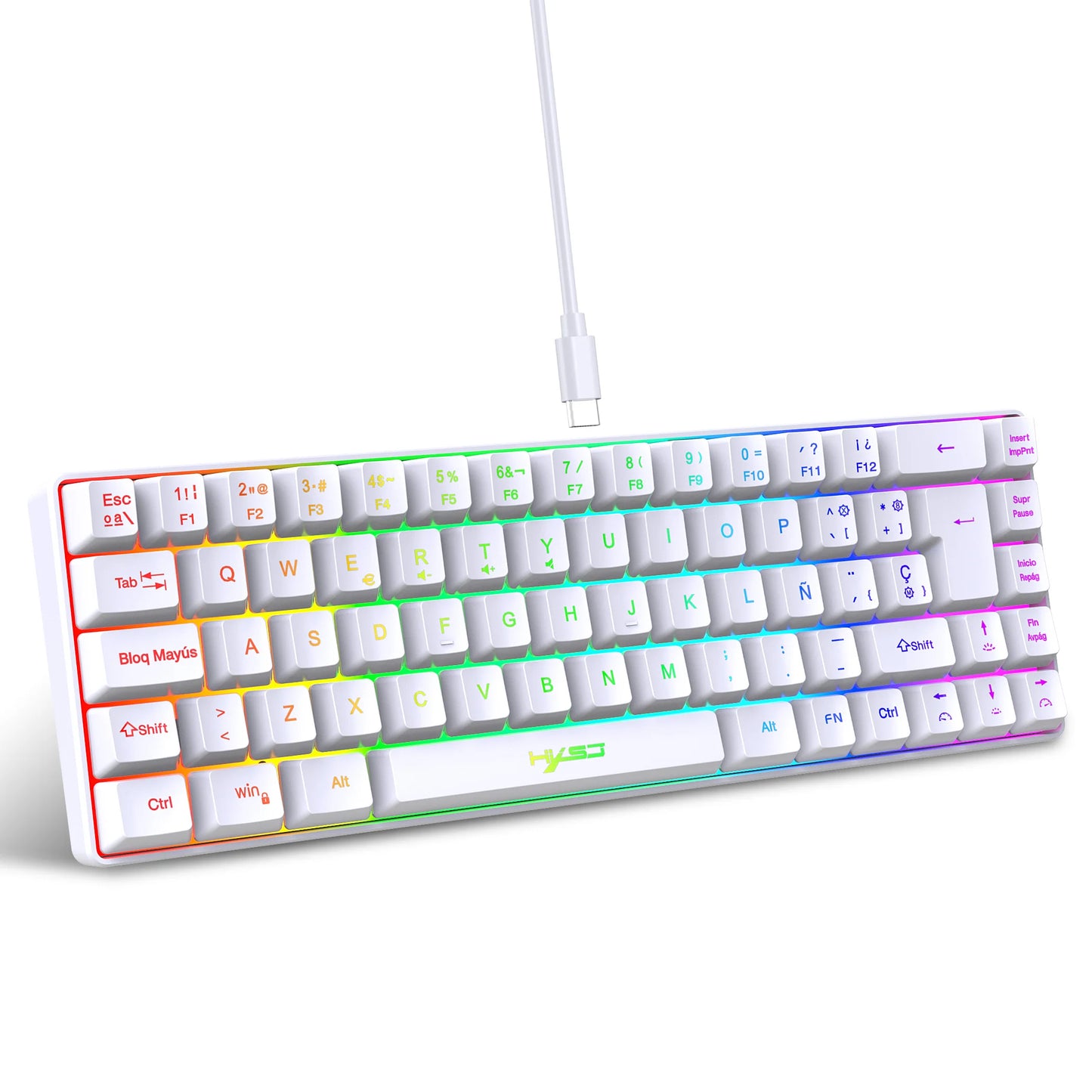Promoção imperdível! Teclado gaming com fios espanhol de 69 teclas, retroiluminação RGB e design compacto 68%, um acessório indispensável para profissionais de escritório e gamers