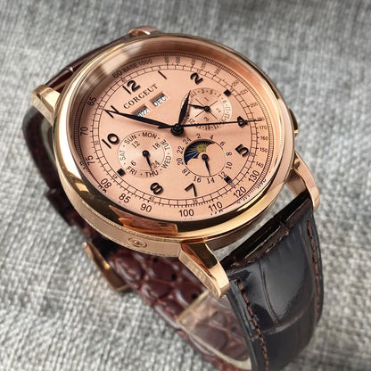 Orologio automatico da uomo Multification con data, giorno, mese e anno, orologio meccanico da uomo in 316L, cassa lucidata, indicatore giorno/notte, 42mm