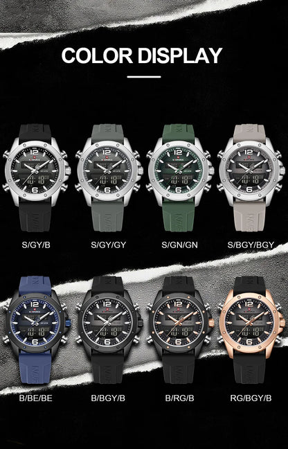 NAVIFORCE Men Quartz LCD Dual Display Watch With Silicone Strap 3ATM Waterproof Shockproof Night Light Round Case Sport Casual