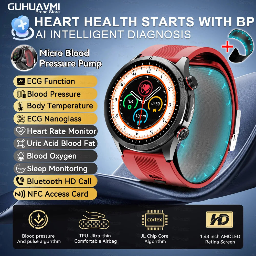 2026New Blood Pressure Air Pump Airbag Accurate Measure Smart Watch Men Micro Physical Examination Health ECG Smartwatch NFC BOX
