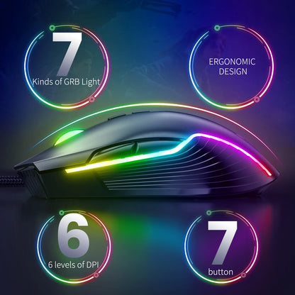 Mouse da gaming cablato ONIKUMA, 6 livelli regolabili, 6400 DPI, 7 pulsanti programmabili, 7 modalità di illuminazione RGB, design ergonomico per gamer PC