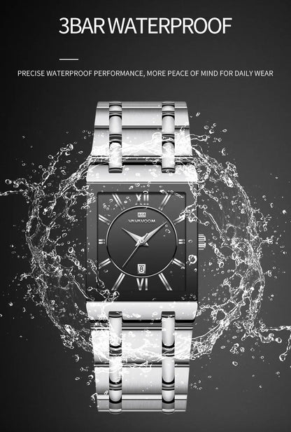 Men Business Watch Simple Design Luxury Fashion Rectangular Black Gold Stainless Steel Calendar Waterproof Quartz Men's Watches