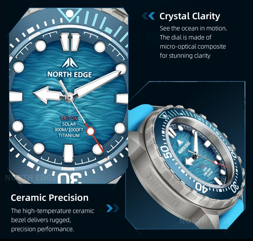 NORTH EDGE 2025 NEW+ TRITON-TI Titanium Solar-Powered Diving Watch Luxury Quartz Watches for Men 300M Waterproof 180+ Day Power