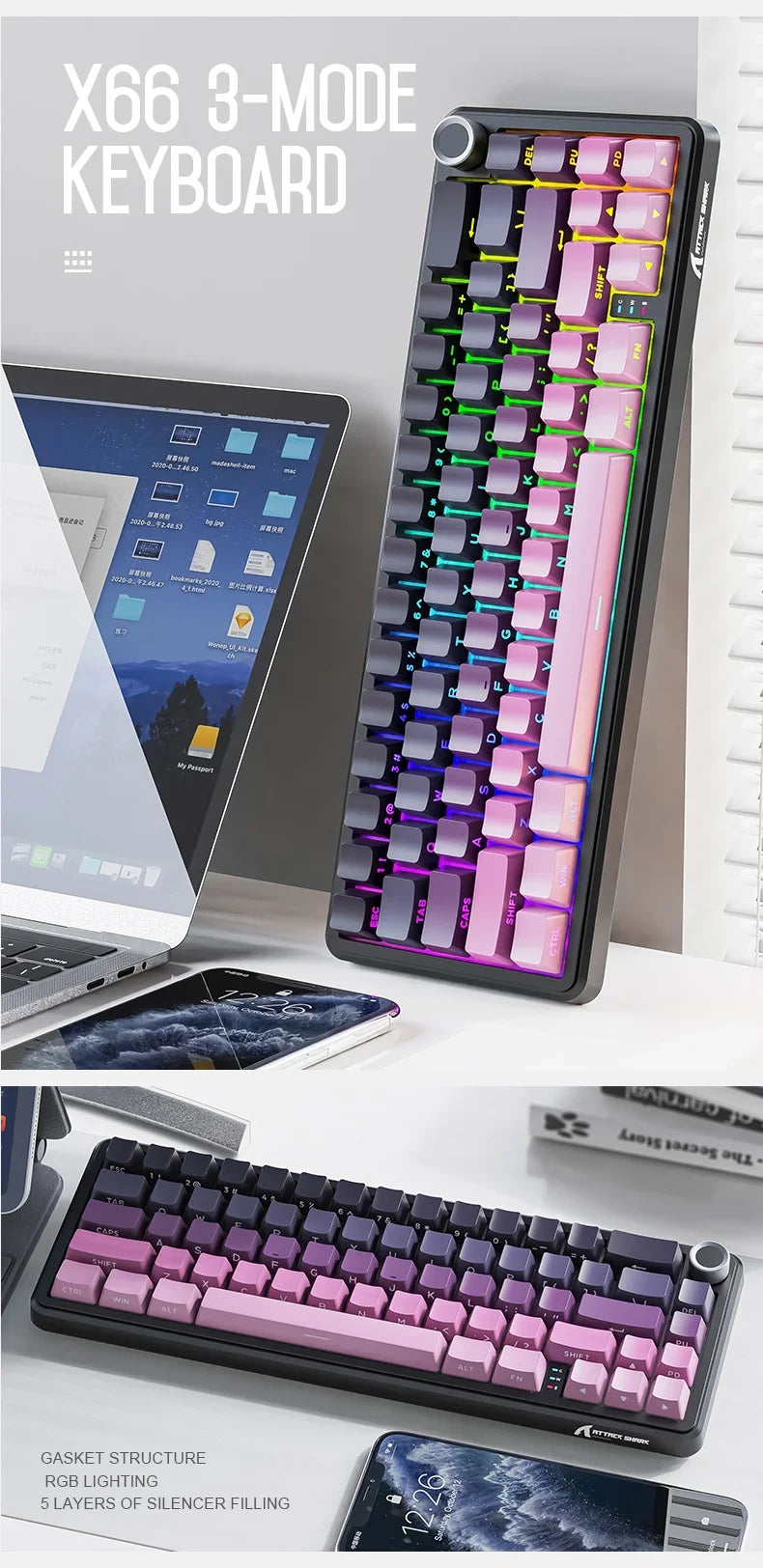 Teclado mecânico sem fios Attack Shark X66, layout compacto 65%, retroiluminação RGB, gasket, hot swap, Bluetooth, USB-C, PBT, bateria de grande capacidade