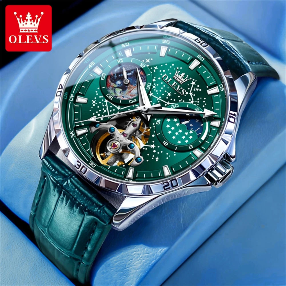 OLEVS Flywheel Skeleton Automatic Watch for Men Luminous Starry Sky Waterproof Business Wristwatch Mechanical Watch