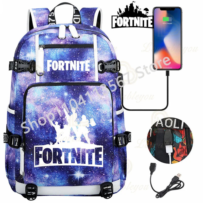 Yule Trooper F-Fortnited Battle Royale Backpack with USB Charging Anime Figures Study Stationery Compartment Students Mochila