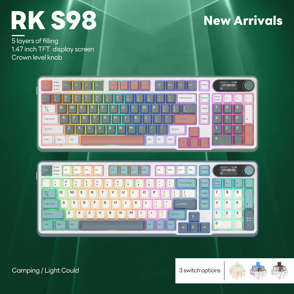 RK S98 ROYAL KLUDGE Top Mount Mechanical Keyboard TFT Screen Knob 96% RGB Backlit Tri-mode Wireless Gaming Keyboard PBT Keycaps