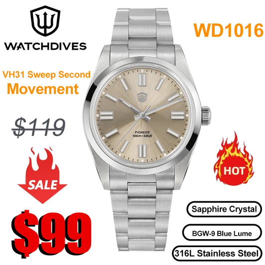 Watchdives WD1016 V3 Quartz Watch 37mm Stainless Steel Case Sapphire Vintage Watch  VH31 Sweep Movemet 100m Waterproof Men Watch
