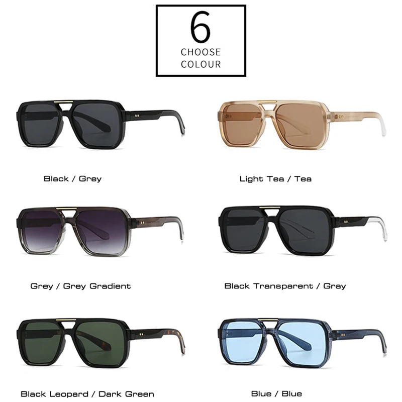 SO&EI Fashion Double Bridges Square Sunglasses Women Retro Rivets Blue Tea Shades UV400 Men Outdoor Gradient Sun Glasses