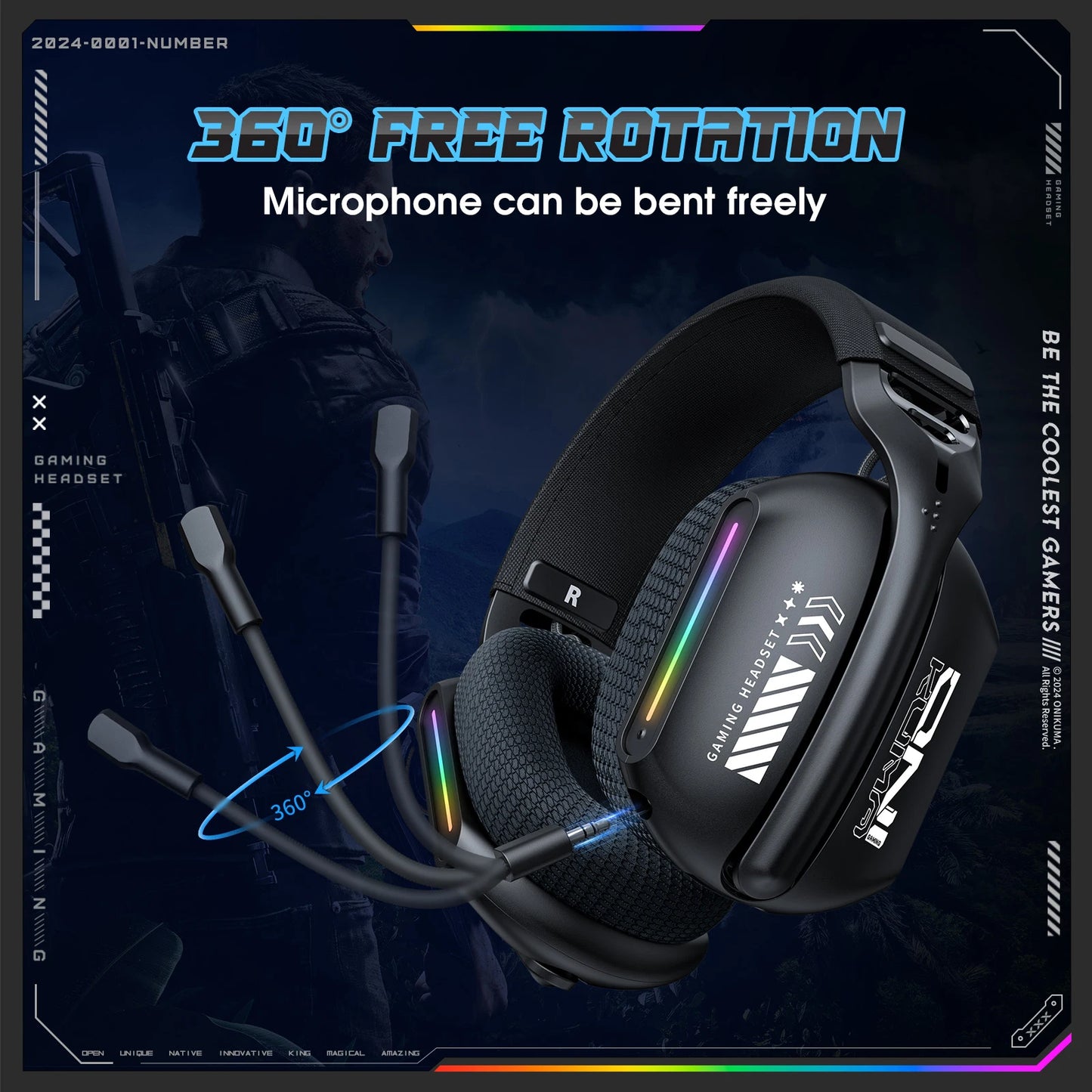 Onikuma GT808 Wireless Gaming Headset RGB – Bluetooth 5.3, 2.4GHz & 3.5mm Gaming Headphones with Microphone