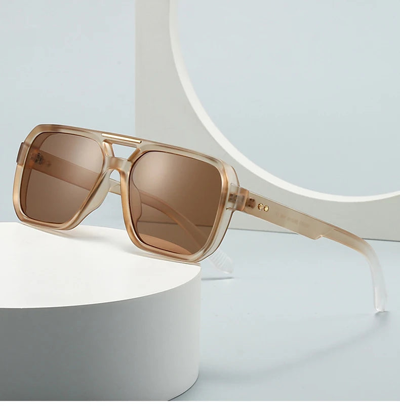 SO&EI Fashion Double Bridges Square Sunglasses Women Retro Rivets Blue Tea Shades UV400 Men Outdoor Gradient Sun Glasses