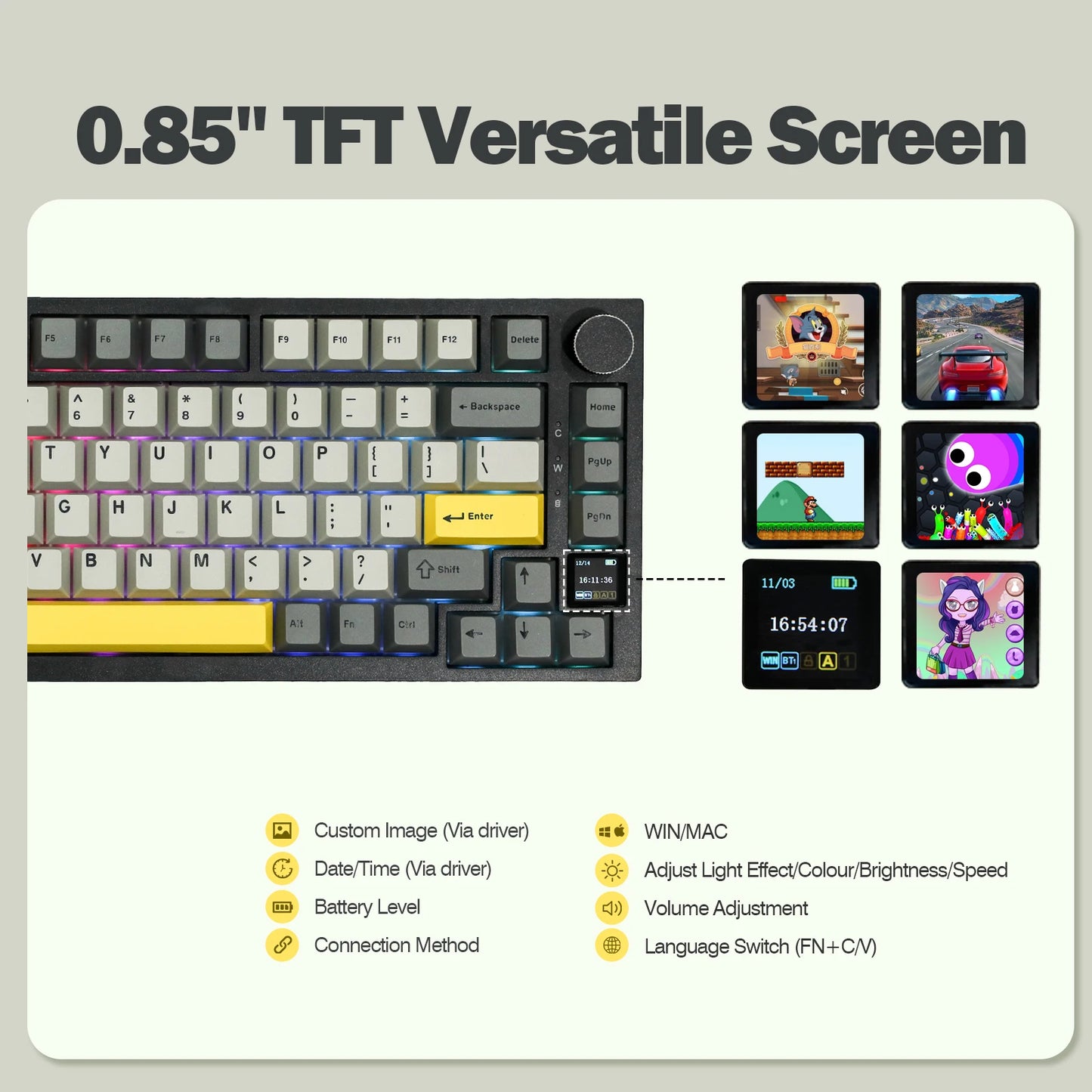 Teclado mecânico Ajazz AK820 Pro 75% com montagem gasket, Bluetooth 5.1/2.4G sem fios/com fios e ecrã TFT para Mac/Win