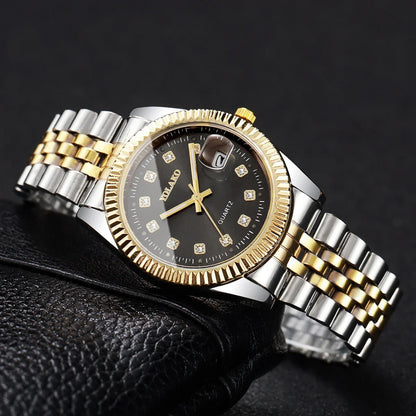 Luxury Men Calendar Quartz Watch  Fashion Rhinestone Steel Men's Business Watches Reloj Hombre Clock Gift（Without Box）