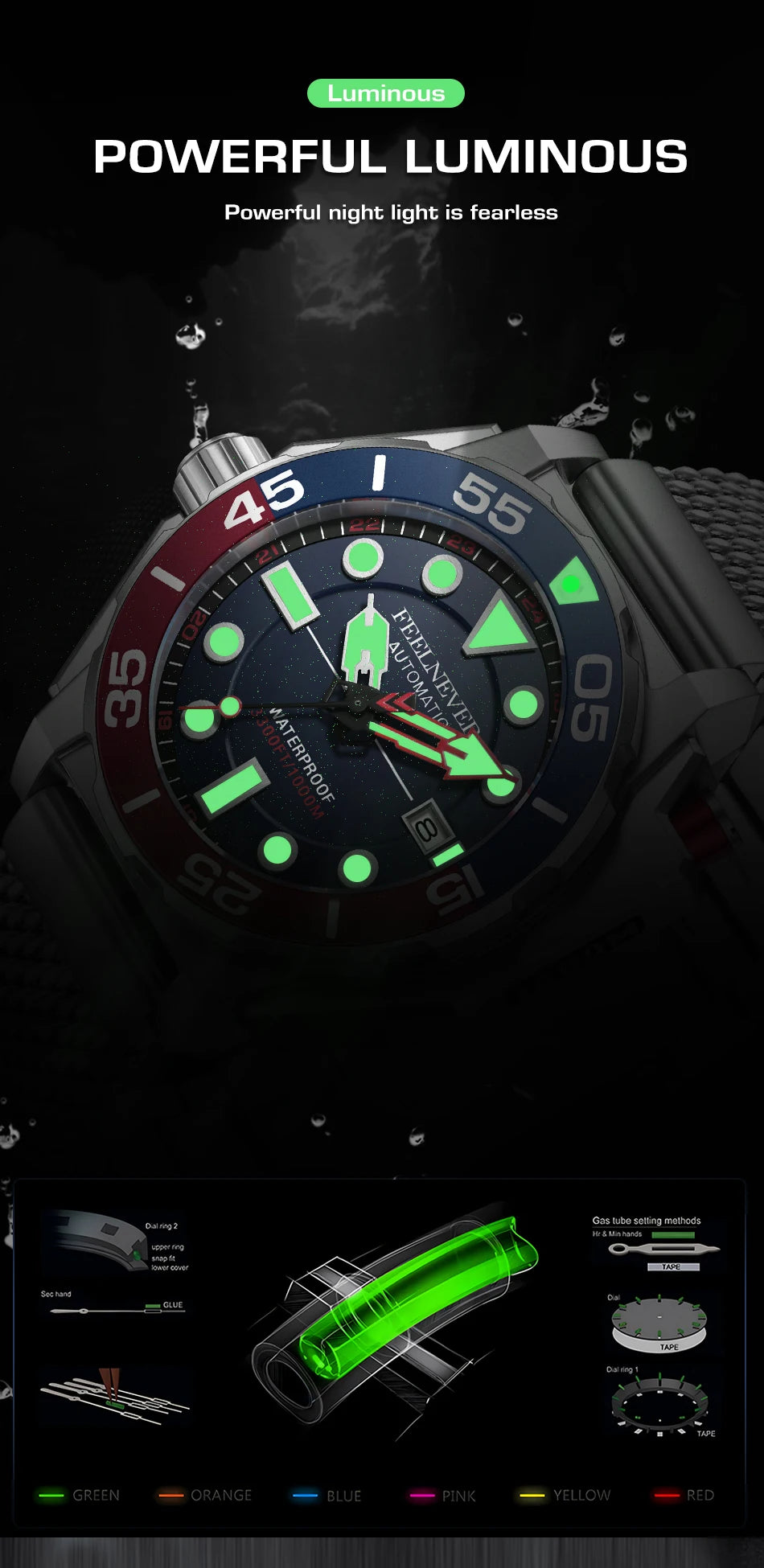 FeelNever New Top brand Men Luxury Watch 1000m Waterproof BGW9 Super luminous relogios masculinos Automatic Mechanical Watches