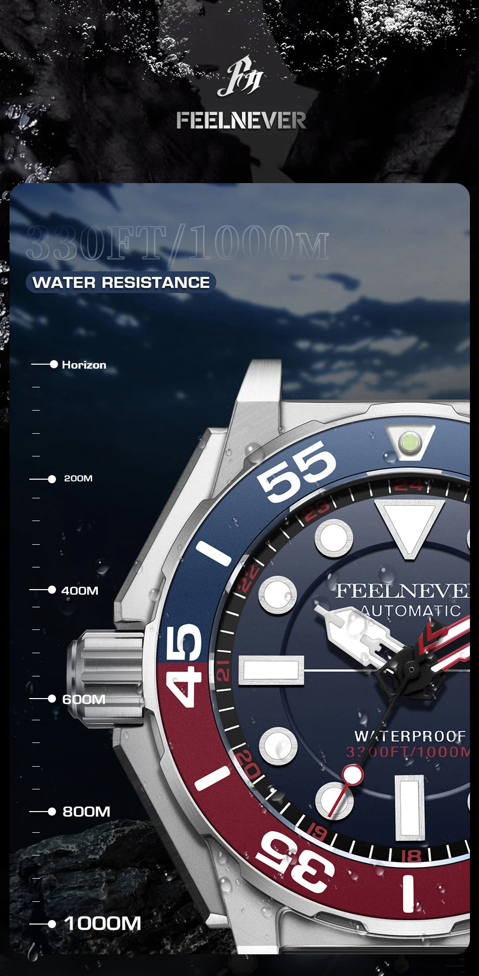 FeelNever New Top brand Men Luxury Watch 1000m Waterproof BGW9 Super luminous relogios masculinos Automatic Mechanical Watches