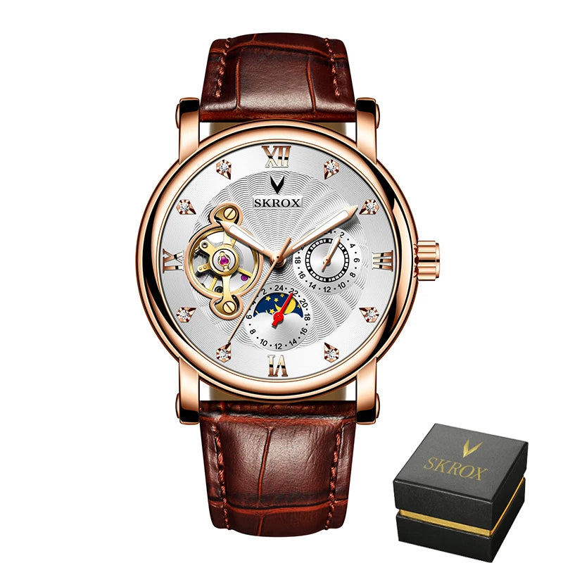 Luxus automatikus mechanikus férfi karóra, egy neves márka aláírásával, tourbillon-nal, holdfázis-kijelzővel és gyémántokkal díszítve – egy elegáns karóra.