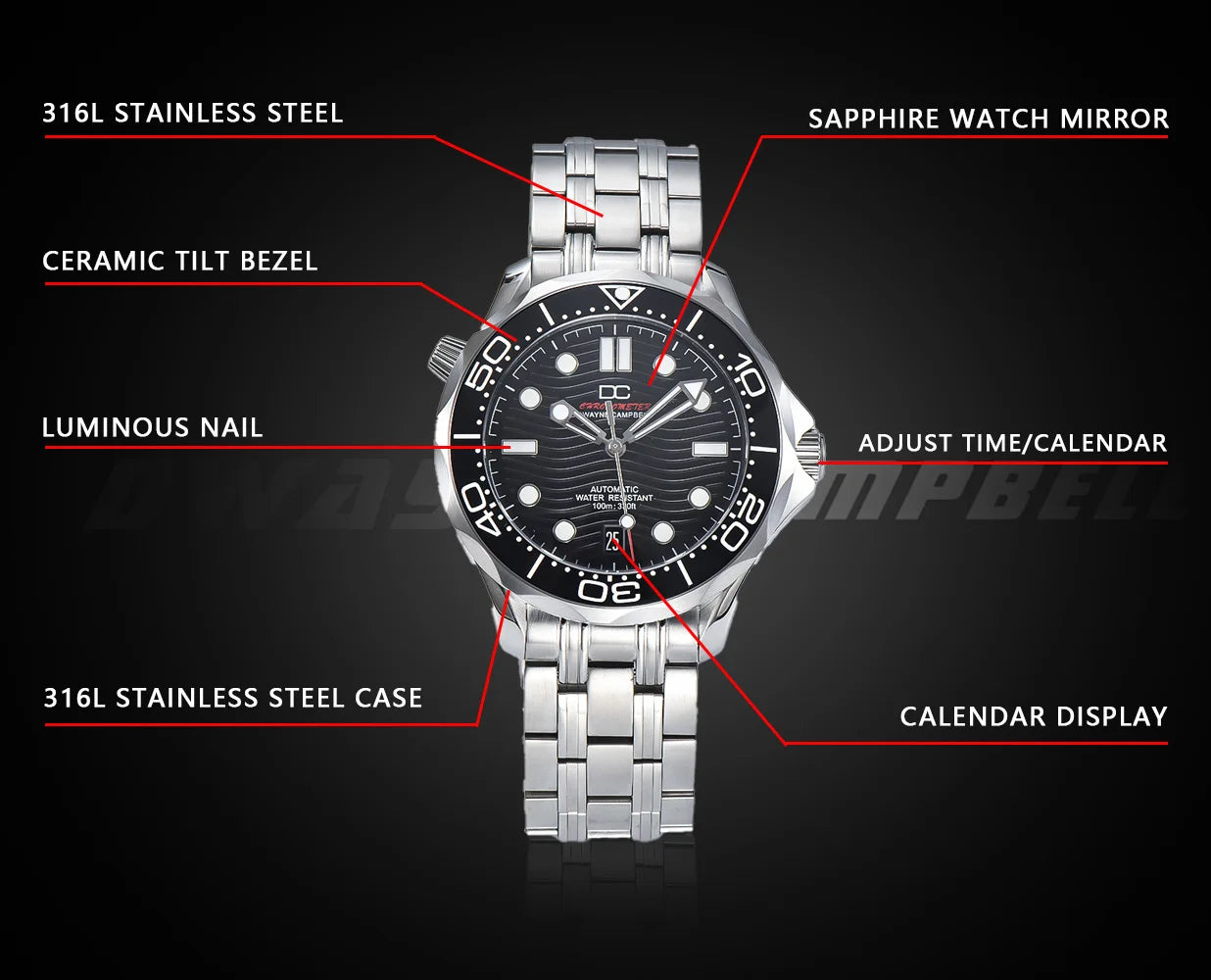 DWAYNE CAMPBELL Top-Luxus-NH35-Automatikuhr für Herren, mechanisch, Keramiklünette, wasserdichte klassische Business-Armbanduhr