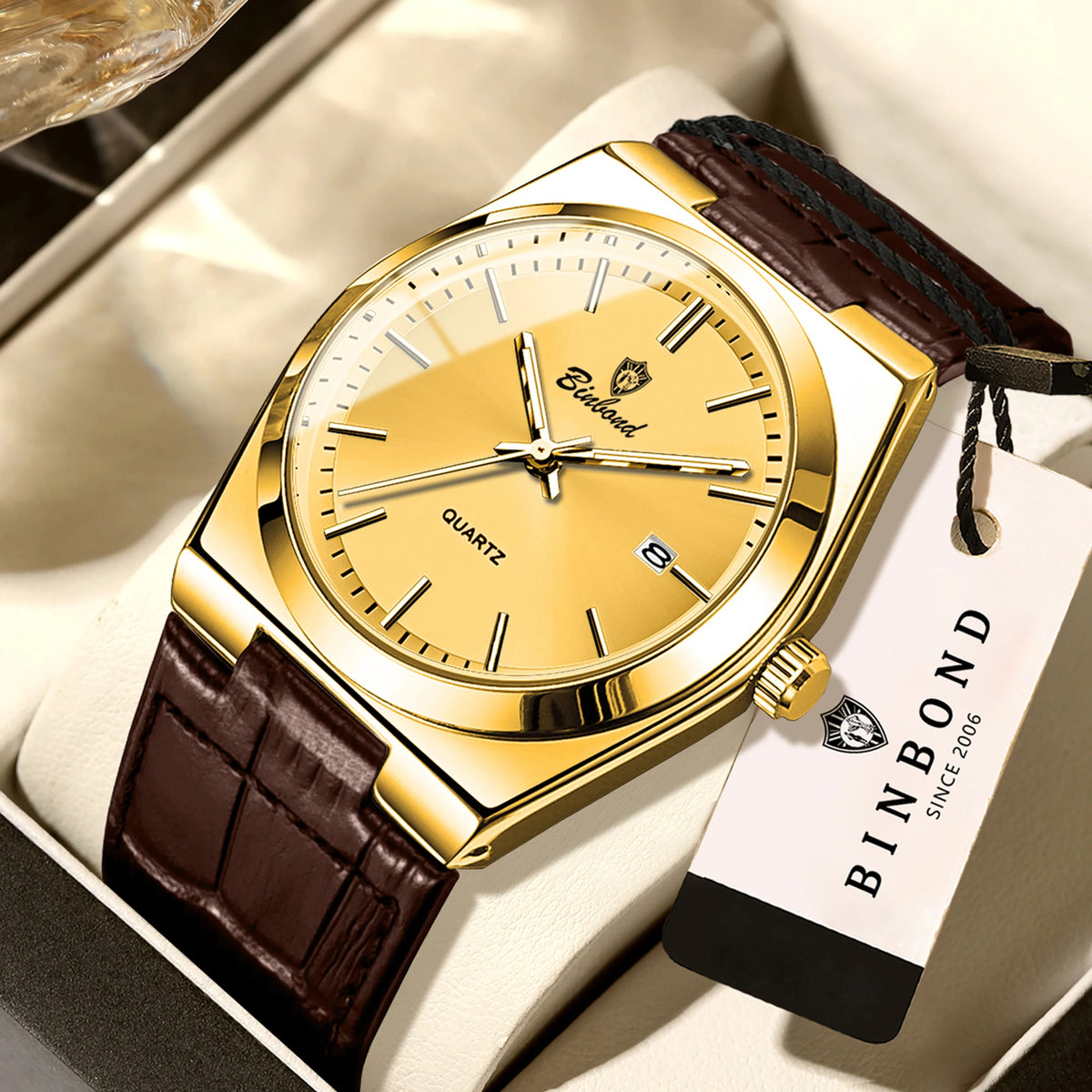 Montre-bracelet à quartz de luxe BINBOND pour homme – Étanche, lumineuse, avec date automatique – Style professionnel, sportif, tendance et décontracté – Bracelet en cuir