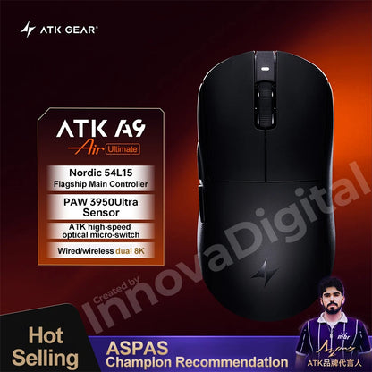 „ATK Dragonfly A9 Ultimate“ belaidė žaidimų pelė, „PAW3950 Ultra 8 kHz“ ergonomiška lengva žaidimų pelė, skirta FPS, e. sportui ir „CSGO“