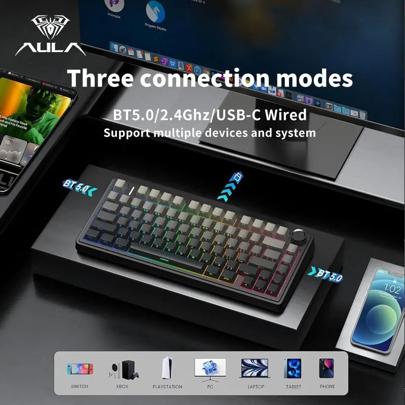Teclado mecânico gaming AULA F75 RGB personalizado, layout 75%, gravação lateral, montagem gasket, 80 teclas, keycaps PBT em gradiente