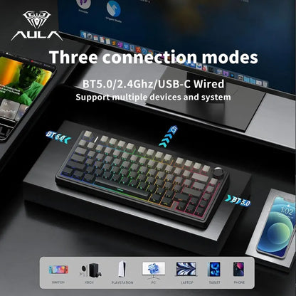 Teclado mecânico gaming AULA F75 RGB personalizado, layout 75%, gravação lateral, montagem gasket, 80 teclas, keycaps PBT em gradiente