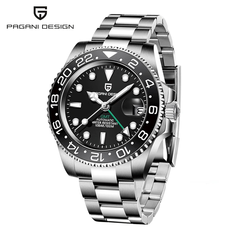 Orologio PAGANI DESIGN GMT 40MM da uomo, di lusso, con vetro zaffiro AR, movimento meccanico automatico, lunetta in ceramica, impermeabile 100M, idea regalo