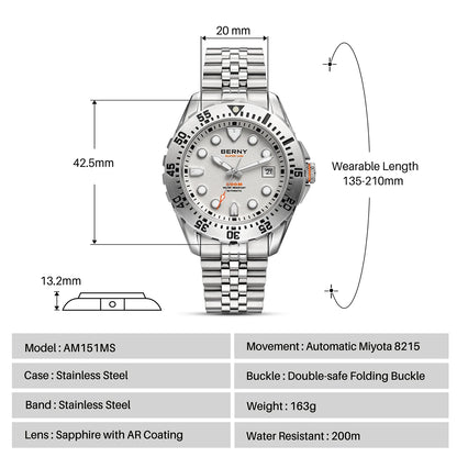 BERNY Men's Automatic Diver Watch Supper Luminous Sapphire AR Coated MIYOTA 8215 316LStainless Steel Single Crown Diving Watches