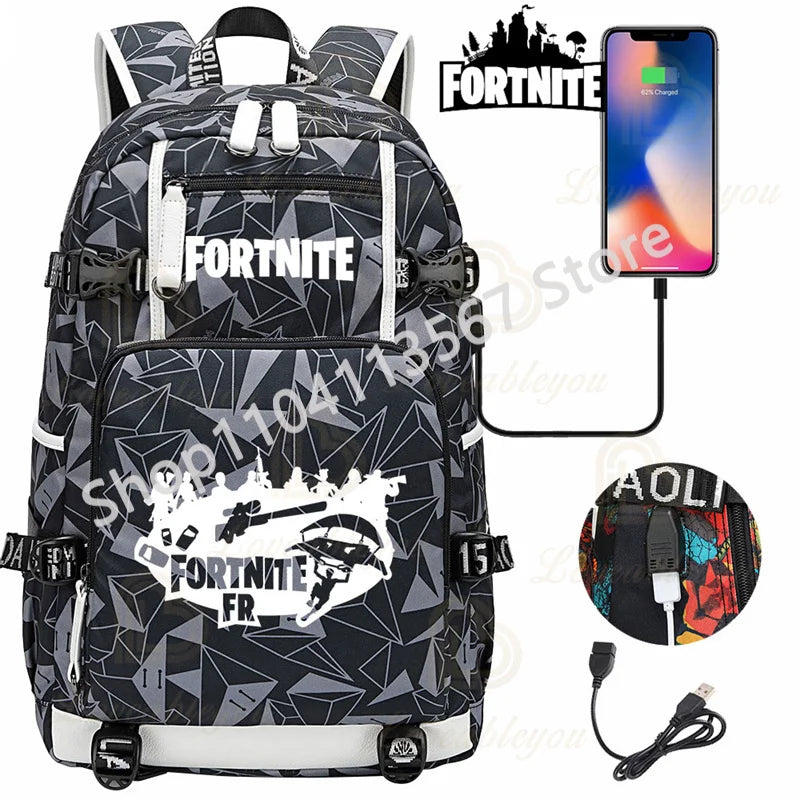 Yule Trooper F-Fortnited Battle Royale Backpack with USB Charging Anime Figures Study Stationery Compartment Students Mochila