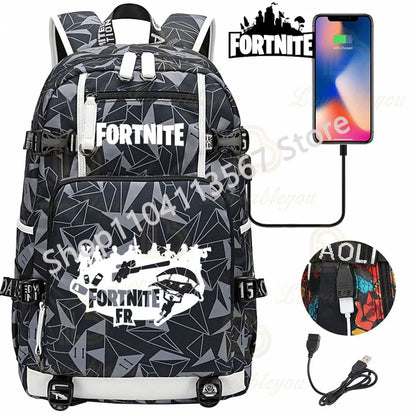 Yule Trooper F-Fortnited Battle Royale Backpack with USB Charging Anime Figures Study Stationery Compartment Students Mochila