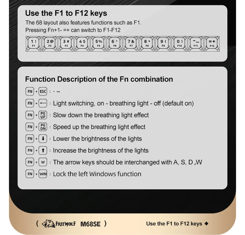 FREEWOLF M68SE Teclado Mini com Fio de 68 Teclas, Retroiluminação RGB, Type-C, Layout 68%, Compacto para Gaming, Escritório, PC e Portátil