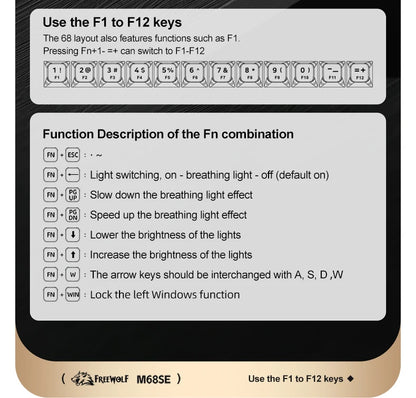 FREEWOLF M68SE Teclado Mini com Fio de 68 Teclas, Retroiluminação RGB, Type-C, Layout 68%, Compacto para Gaming, Escritório, PC e Portátil