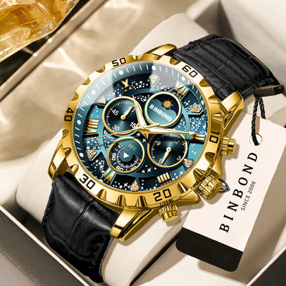 Montre-bracelet à quartz BINBOND authentique et précise pour homme, chronographe lumineux étanche de luxe avec bracelet en cuir.