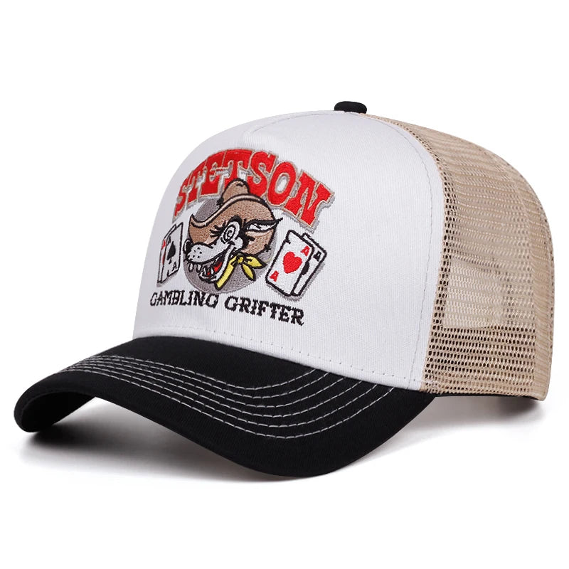 Spersonalizowana nowa czapka z oddychającej siateczki STETSON z motywem głowy wilka, czapka pokerowa, czapka sportowa na świeżym powietrzu, czapka przeciwsłoneczna, czapka uliczna w stylu hip-hop, unisex