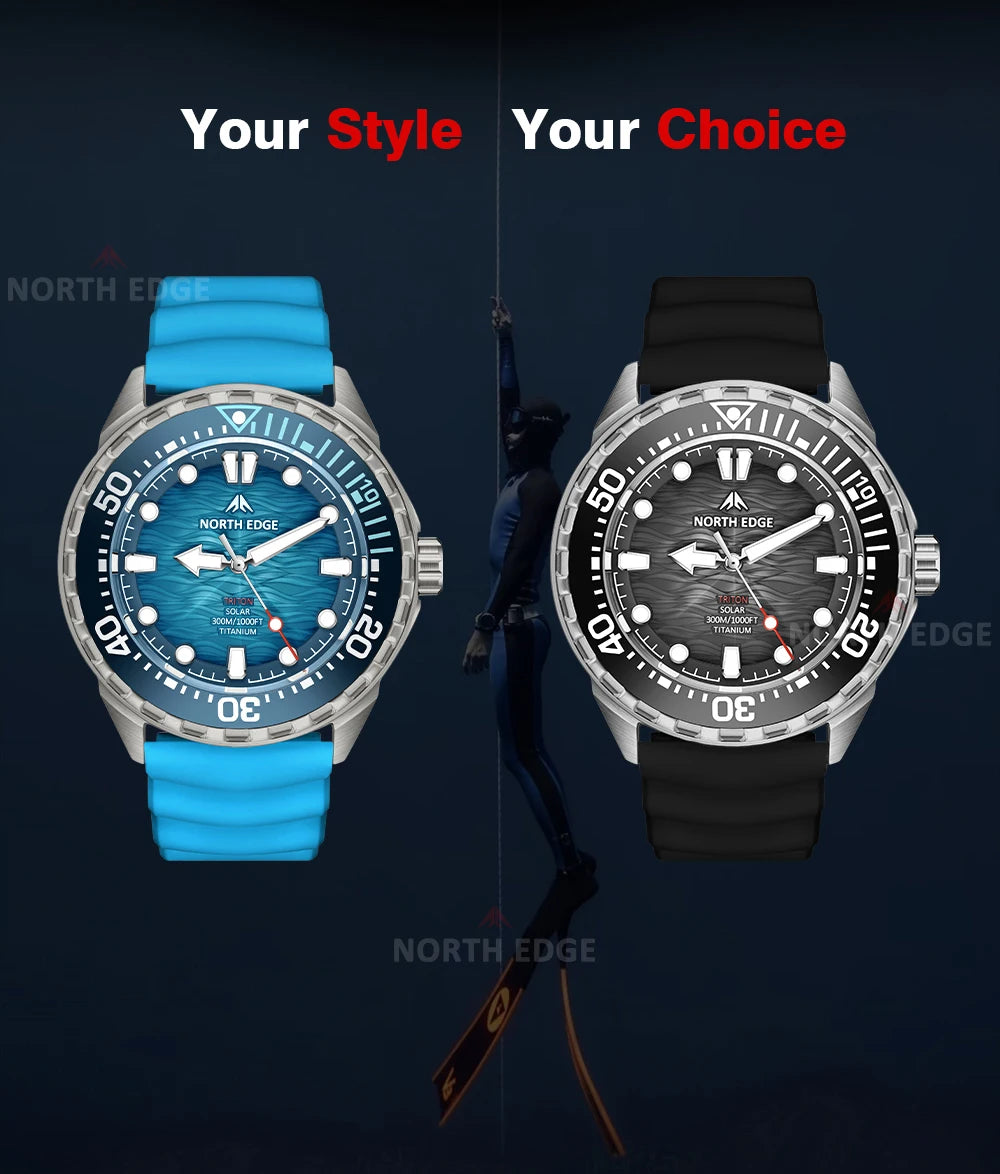 NORTH EDGE 2025 NEW+ TRITON-TI Titanium Solar-Powered Diving Watch Luxury Quartz Watches for Men 300M Waterproof 180+ Day Power