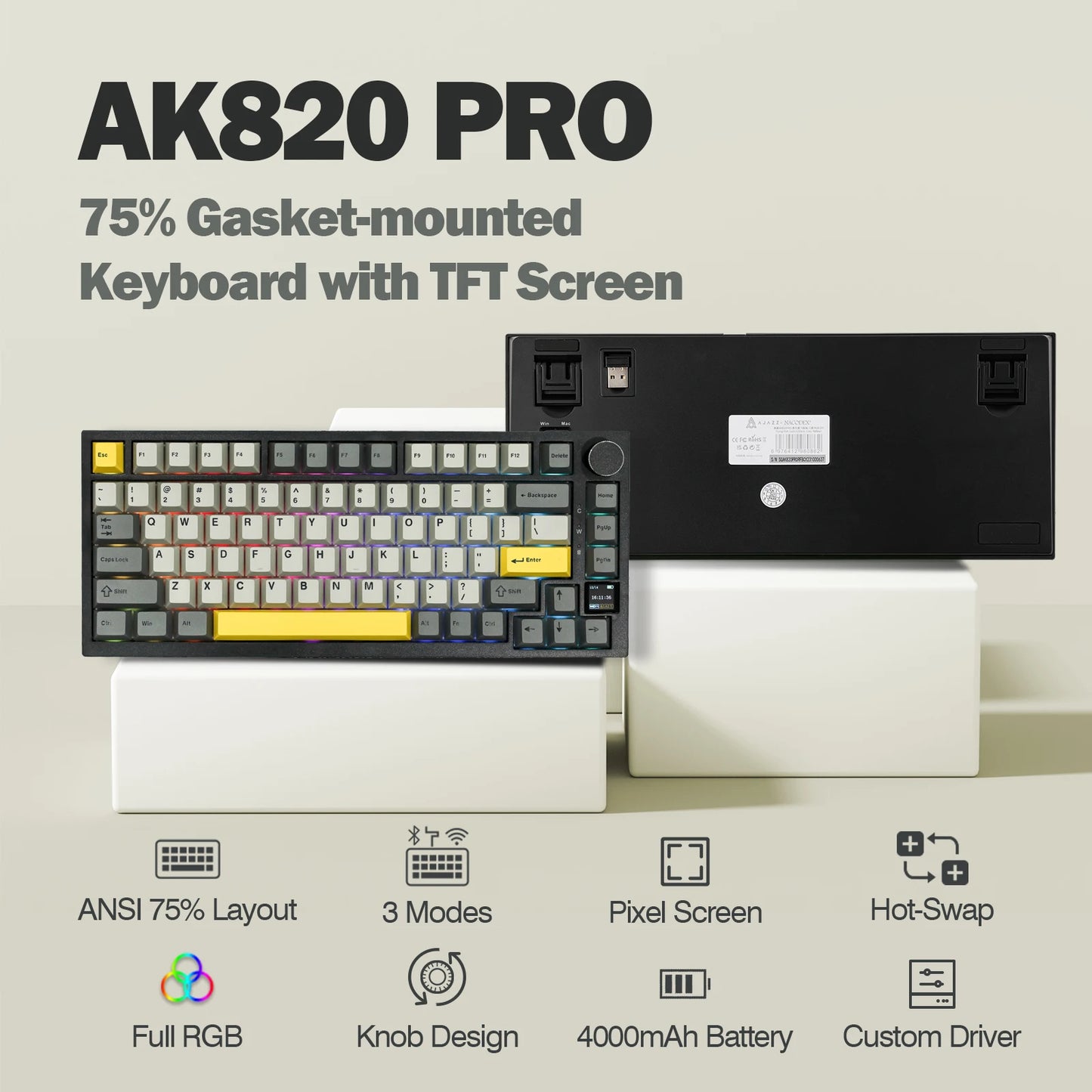 Teclado mecânico Ajazz AK820 Pro 75% com montagem gasket, Bluetooth 5.1/2.4G sem fios/com fios e ecrã TFT para Mac/Win