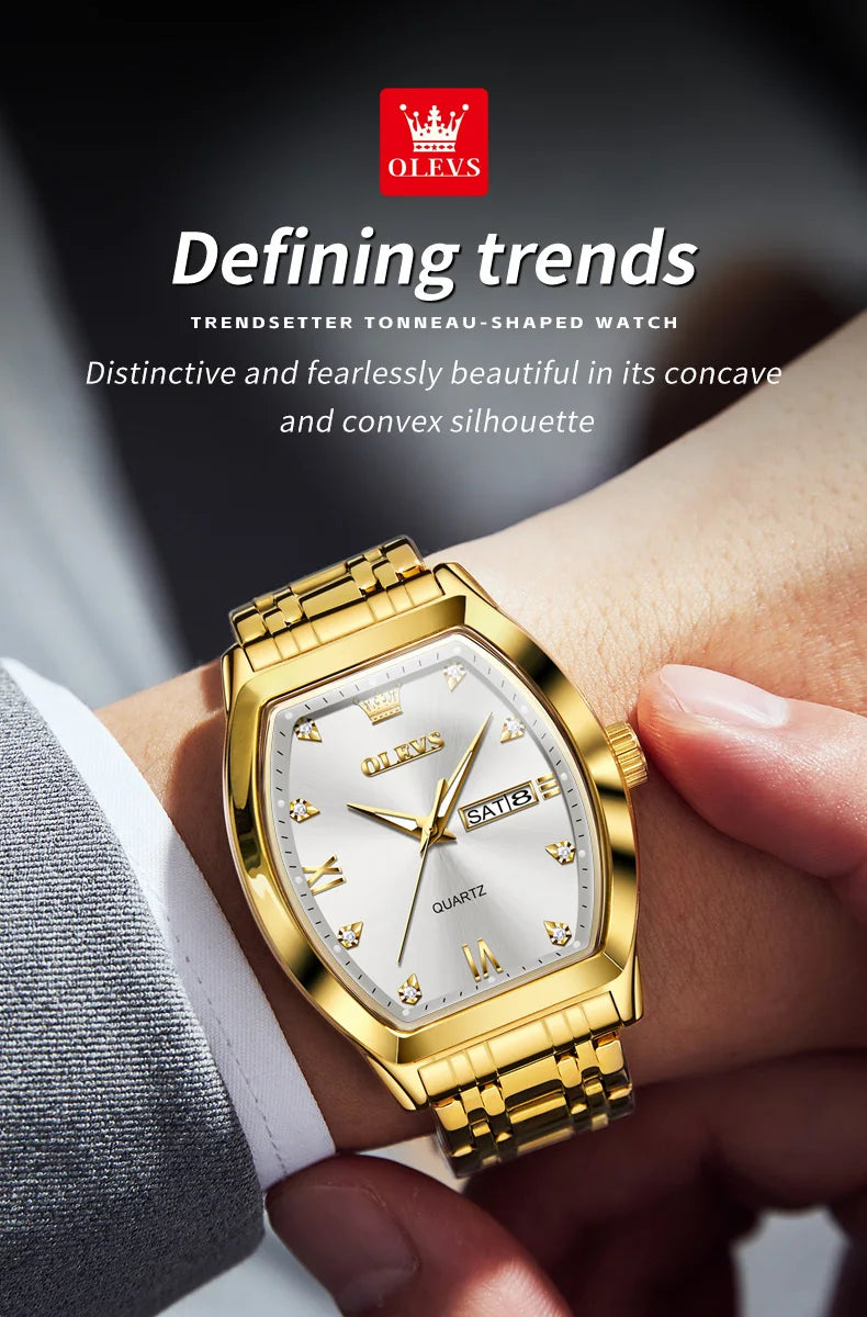 OLEVS New Men's Watches Quartz Luxury Gold Watch Classics Tonneau Dial Top Brand Waterproof Luminous Quartz Watch for Men 5528